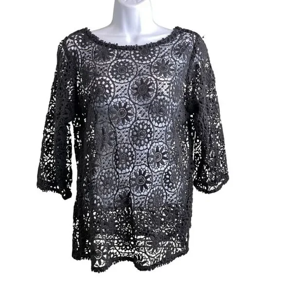 Gretchen Scott Women's Black Dark Floral Lace Fall Tunic Top Size M Boho Goth - Picture 1 of 10